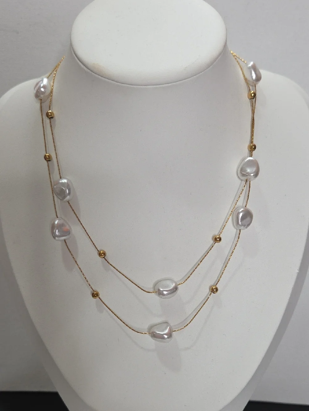 Gold Tone Stainless Steel Necklace Faux Pearl Beaded Detail Double Strand NEW